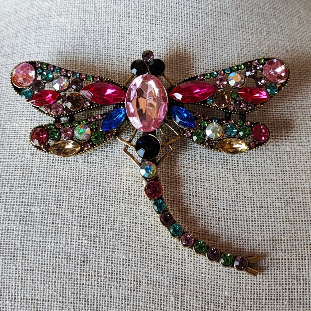 Rhinestone Oversized Huge Dragonfly Brooch Pendant Pink Aurora Borealis NWOT